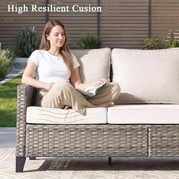 Luxury Patio Furniture sofa Set - 8 Pieces All Weather Wicker Outdoor Couch and High Back Swivel Rocker Patio Chairs with Glass coffee table for Deck Yard and Poolside Gray Wicker | Beige Cushions
