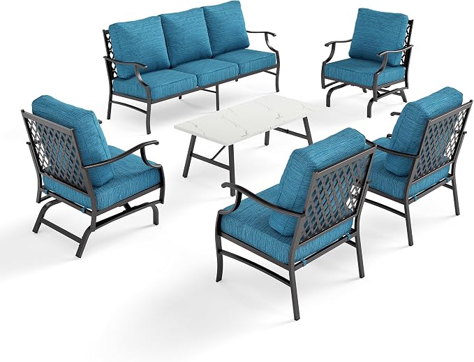 SUNSHINE VALLEY 6 Piece Metal Outdoor Patio Furniture Set, Patio Conversation Set 3-Seater Sofa, 2 Rocking Chair, 2 Leg Chair with 5.75" Thick Cushion and Coffee Table, Backyard Furniture Set, Blue-2
