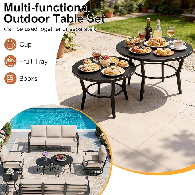 Gotland 6 Piece Patio Set, Aluminum Outdoor Swivel Chairs Set with Round Table 5.1’’ High-Resilience Seat Cushions 29.5" Deep Seating, Metal Patio Furniture Set Patio Conversation Sets, Khaki