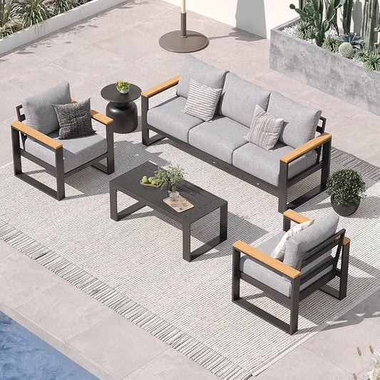 Sundale Outdoor Aluminum Patio Furniture Set, 4 Piece Outdoor Conversation Sets with Coffee Table and 6" Thick Olefin Cushions, All Weather Outdoor Sectional Set for Deck, Lawn, Yard (Grey)