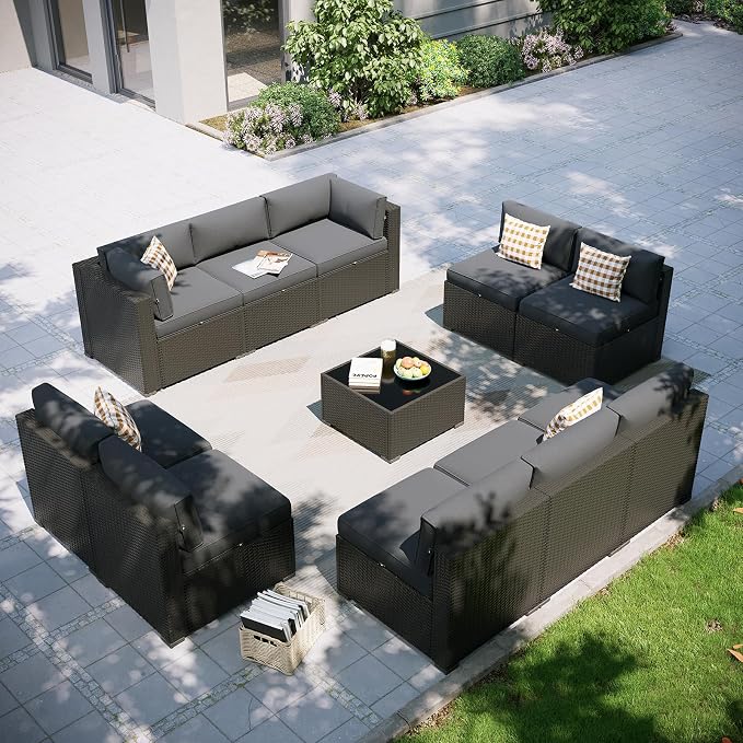 Aoxun Patio Furniture Set, 11 Piece Outdoor Sectional Sofas with Waterprool Cover, 10 Seats Wicker Rattan Outdoor Furniture Patio Conversation Set for Backyard, Garden Dark Grey