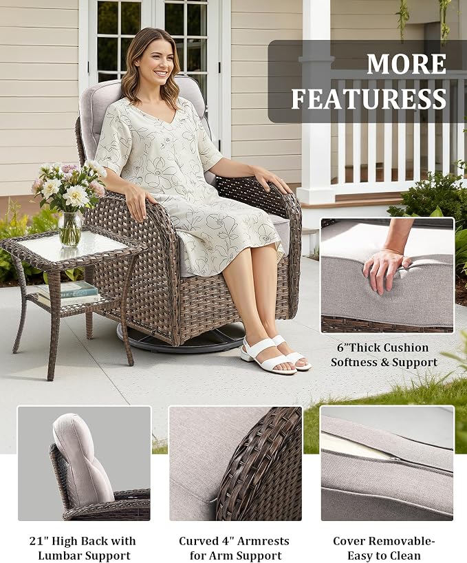 8-Piece Luxury Patio Furniture Set with 42.5" Fire Pit Table, Outdoor Wicker Sofa Couch & Swivel Rocker Chairs with 6-inch Thick Cushion, Conversation Set for Poolside, Deck & Yard - Beige