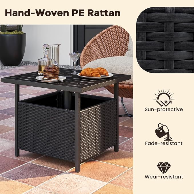 HAPPYGRILL Wicker Patio Umbrella Table with 1.57” Umbrella Hole, Outdoor Rattan Side Table with Heavy Duty Metal Frame, 22” Square PE Rattan End Table for Deck Backyard Poolside (Black)