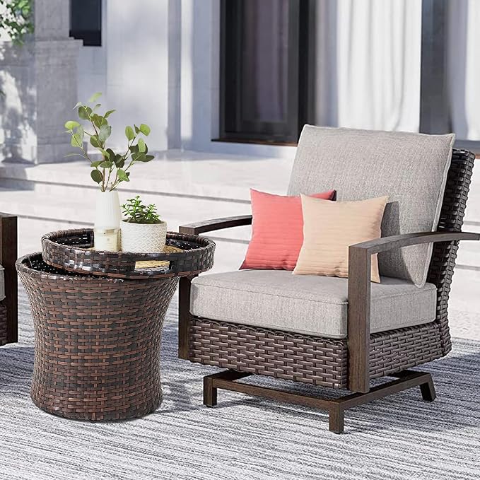 Sundale Outdoor Wicker Side Table with Storage, 20 Inch Small Patio Rattan End Table Accent Tables with Lid, Steel Frame Lightweight Brown