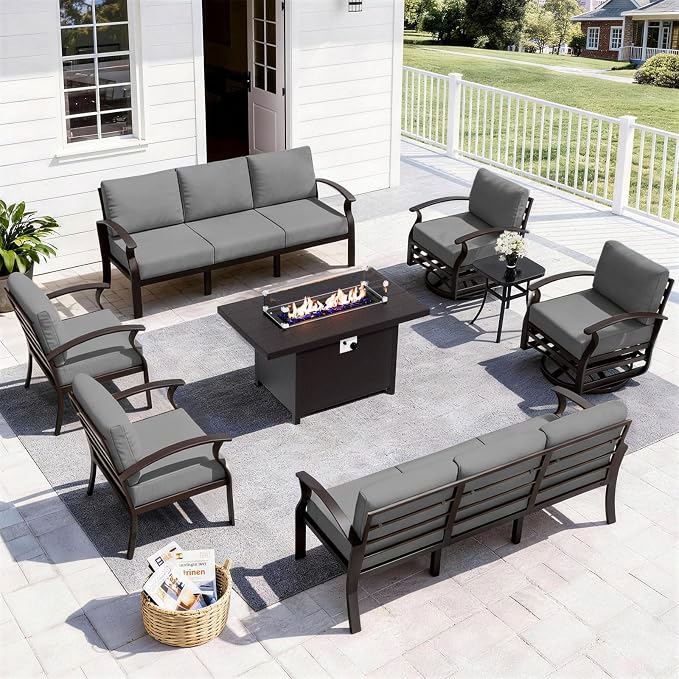 ALAULM Aluminum Patio Furniture Set with Propane Fire Pit Table - 10-seat Metal Outdoor Furniture w/Fire Pit Patio Sectional w/5.1" Cushions for Backyard, Poolside - Grey