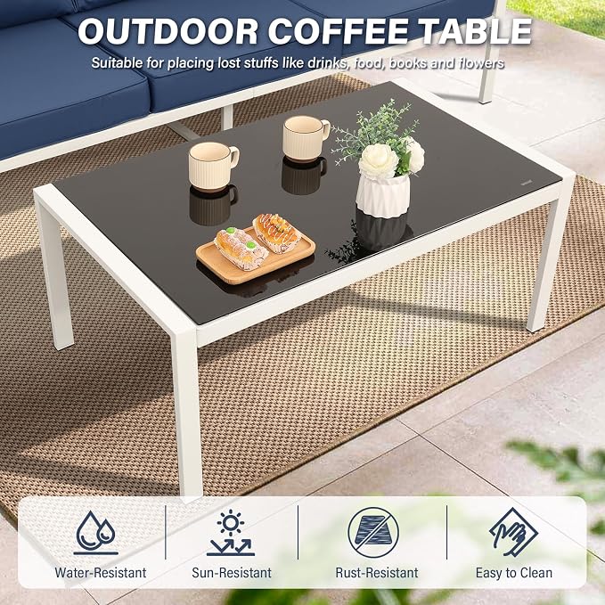 Oasishine Patio Furniture Set Aluminum 4 Pieces White Metal Outdoor Furniture Set Glass Coffee Table with No-Slip Cushions and Waterproof Covers, Navy Blue