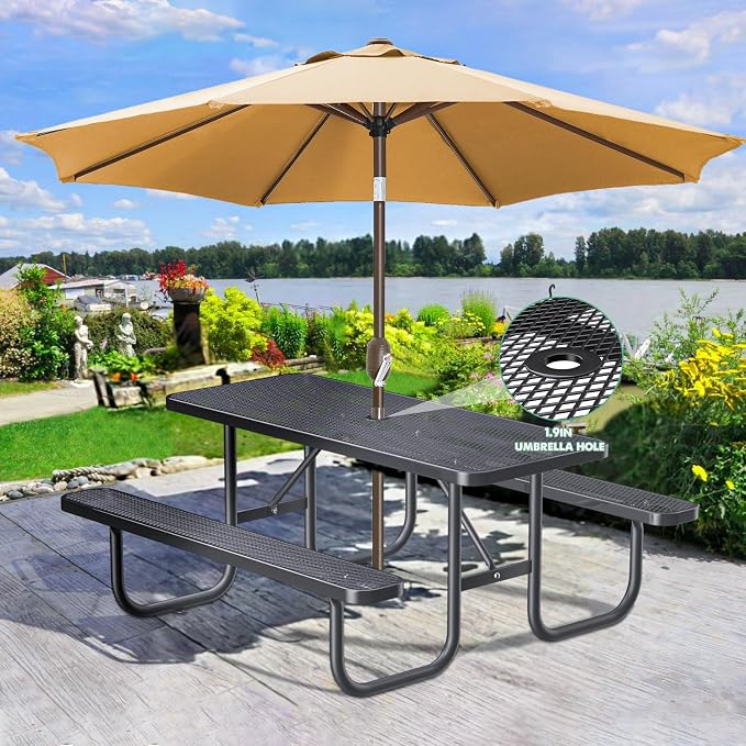 Ceridwen Heavy Duty Picnic Table with 2 Benches, Expanded Metal Steel Mesh Outdoor Patio Dining Table Bench Set with Umbrella Hole,Outdoor Patio Dining Table for Garden (Rectangular, Black, 6FT)