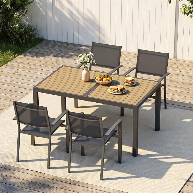 Patio Table and Chairs for 4, Outdoor Patio Dining Furniture Set with Aluminum Table and Metal Textilene Chairs, All-Weather Patio Table Set with HDPS Rectangular Tabletop for Garden Porch