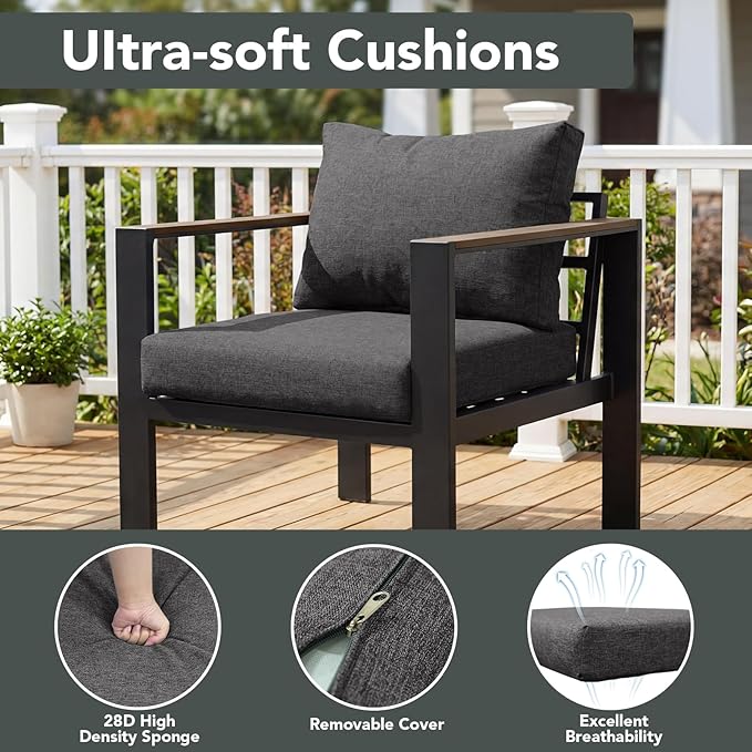 Outdoor Patio Furniture Set 2 Pieces Armchair with Washable Thick Cushions, Luxury Aluminum Patio Furniture Chair Modern Outside Sectional Set for Porch, Balcony, Deck, Yard, Dark Gray