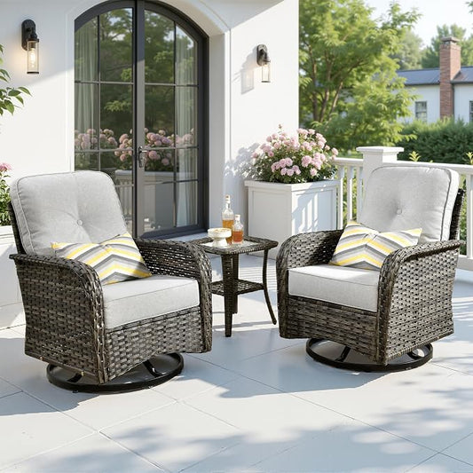 3 Pieces Patio Furniture Set, High Back Outdoor Swivel Rocker Chairs, Wicker Outdoor Furniture with Swivel Rocking Chairs and Side Table for Porch, Backyard, Balcony, Balcony,Grey