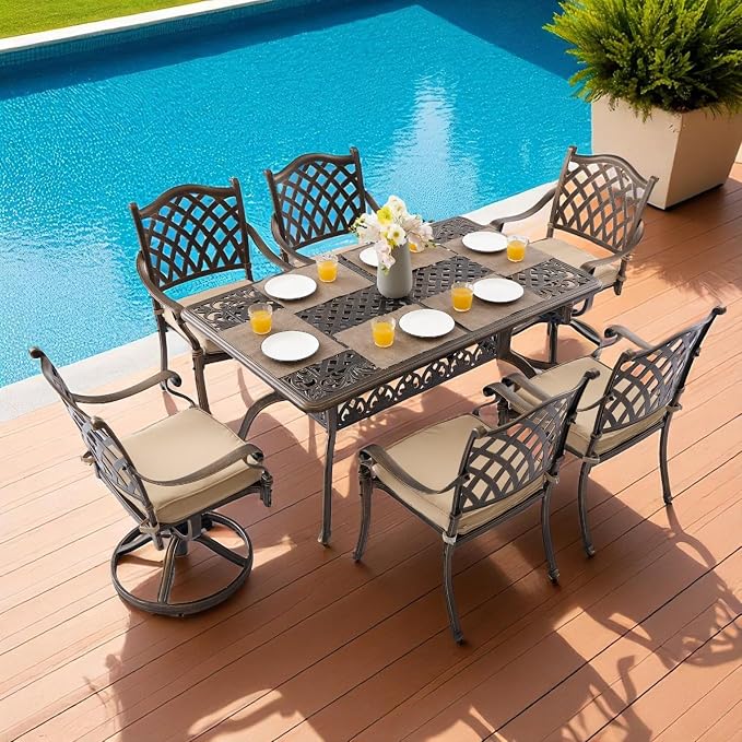 7 Piece Cast Aluminum Outdoor Dining Set, Retro Patio Dining Furniture Set for 6 Includes 59” Table 2 Swivel & 4 Stackable Lattice Chairs with Cushions and 2“ Umbrella Hole for Porch Poolside Garden