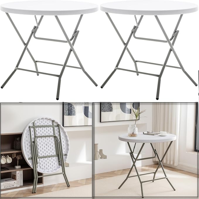 BTEXPERT Set of 10, White 2.63 Foot Round 30" Height Folding Commercial Portable Banquet Card Plastic Coffee Dining Table for Patio Backyard Wedding Party Event Indoor Outdoor Thick Top Metal Frame