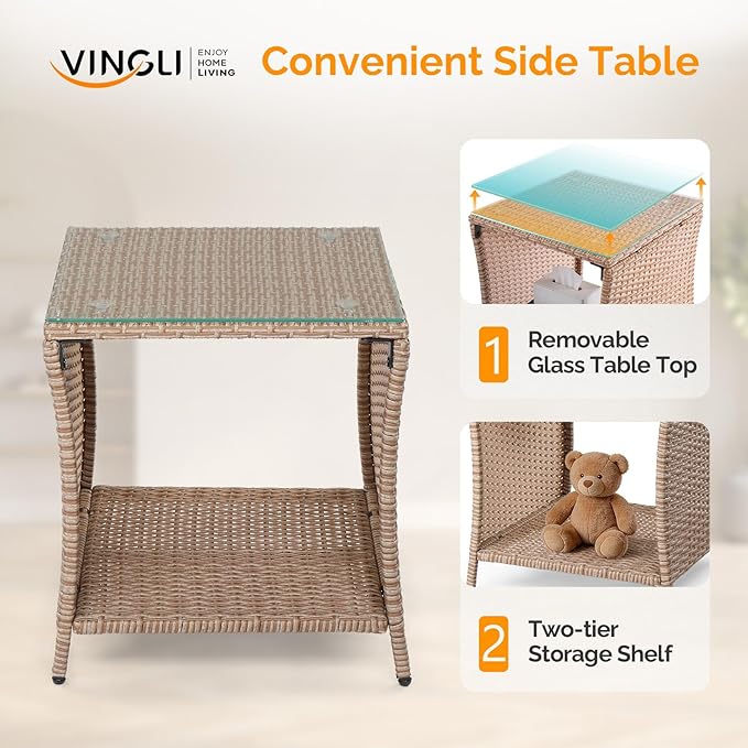 VINGLI Outdoor Wicker Side Table Patio Side Tables for Outside, Tempered Glass Top Wicker Table with Storage End Table for Balcony Porch Deck (Natural)