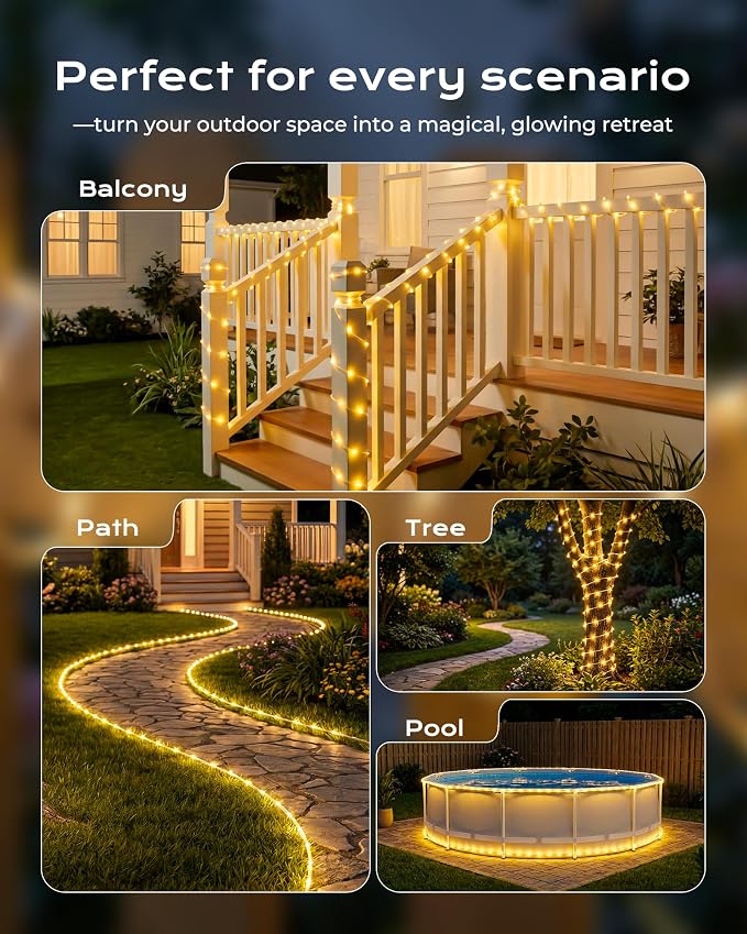 Brightown 2 Pack Total 78FT 200LED Warm White Solar Rope Lights Waterproof | IP65 waterproof solar fairy lights with 8 lighting modes, solar powered, perfect decor for yard, garden and outdoor tree