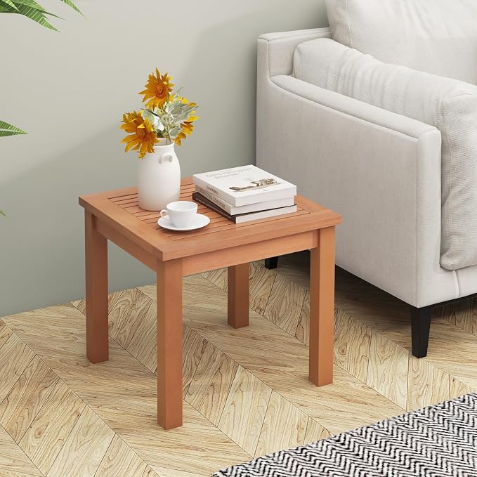 Tangkula 2 Pieces Adirondack Outdoor Side Table, 18" Small Square Patio End Table with Slatted Tabletop, Natural Eucalyptus Wood Side Table for Backyard, Garden, Porch & Poolside