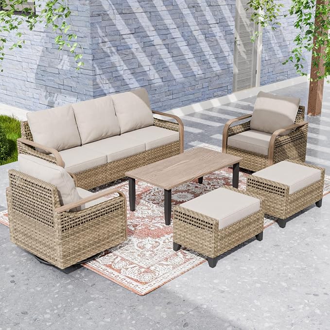 EAGLE PEAK Modern Wicker Outdoor Patio Furniture Set, Patio Conversation Set, 2 Swivel Rocking Chairs, 3-Seat Loveseat, 2 Ottomans and Coffee Table, 6 Pieces, Brown/Gray