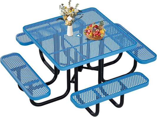 46IN Square Metal Picnic Table Set with Umbrella Hole and 4Benches for Outdoor, Expanded Heavy Duty Metal Commercial Grade Patio Dining Furniture for Yard Patio Lawn Party Coffee, Blue