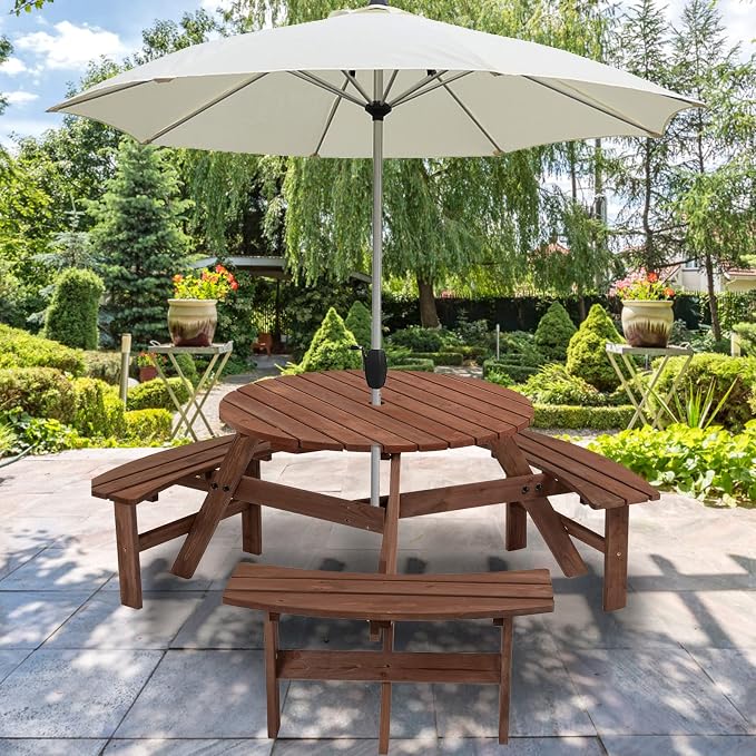 6 Person Wood Picnic Table, Outdoor Round Picnic Table with 3 Built-in Benches, Umbrella Hole, Outside Table and Bench Set for Garden, Backyard, Porch, Patio (Dark Brown)