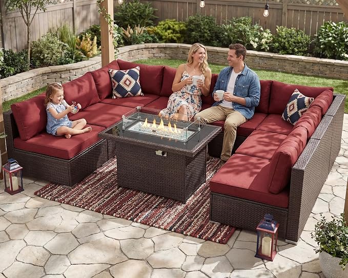 NICESOUL 9 Pcs Large Patio Furniture Set with Fire Pit Propane/Natural Gas, 29.3'' High Back Wicker Outdoor Sectional for 8 People, Modular Deep Sofa Conversation Sets, Brown Rattan and Red Cushion