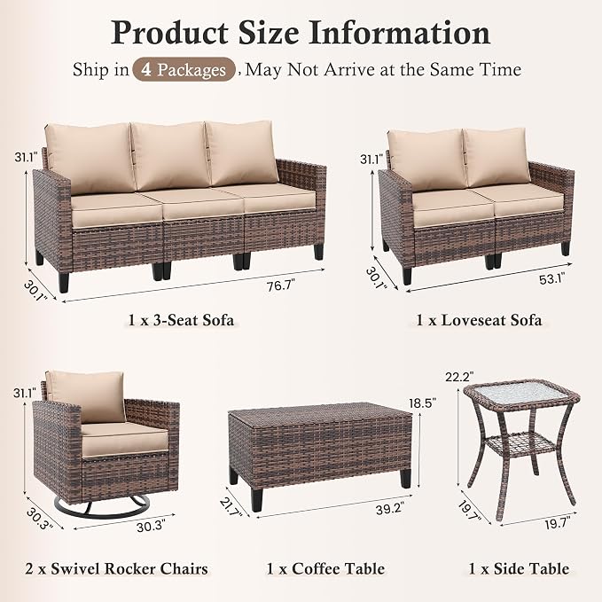 Amopatio Patio Furniture Set, Wicker Outdoor Sectional Sofa with Swivel Rocker Chairs, All-Weather Rattan Conversation Set, Storage Coffee Table, Waterproof Cover for Backyard, Deck Brown/Khak 6 PCS
