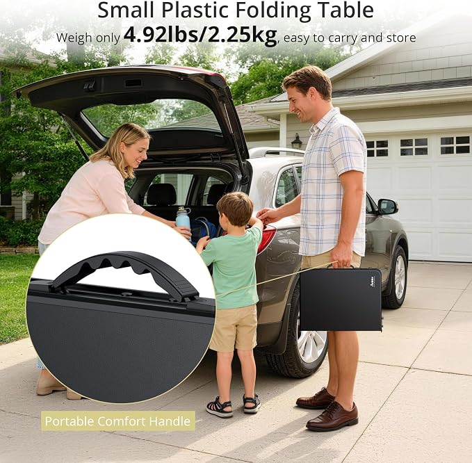 Anbte 2ft Small Plastic Folding Camping Table, Waterproof 3 Adjustable Height Portable Camping Table with Storage Net, Flat Tabletop, for Picnic Indoor Outdoor Travel Beach Patio, 22.8" X 15.7", Black