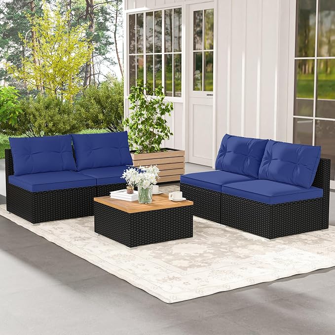 5 Pieces Patio Furniture Set, Outdoor Sectional Sofa with Acacia Wood Coffee Table & Cushions, Wicker Patio Conversation Set for Porch, Deck, Balcony, Poolside & Backyard (Navy Blue)