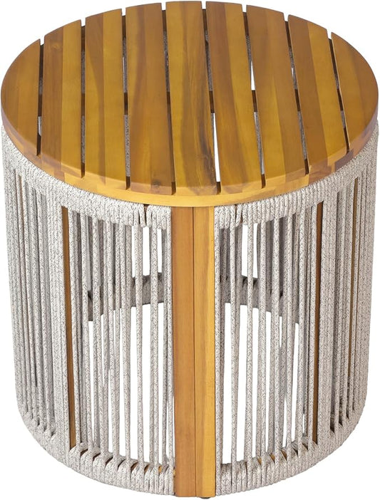 Teak Finish Acacia Wood Round Side Table with Light Grey Color Rope, 25 lbs Weight Capacity, Weather-Resistant Accent Table for Patio Backyard Living Room