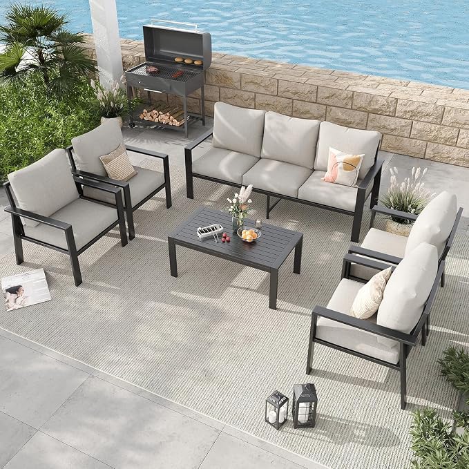 Aluminum Patio Furniture Sets 7 Seat All-Weather Outdoor Furniture Set with Coffee Table & Cushions with Removable Covers for for Backyard, Garden and Poolside Easy Assembly