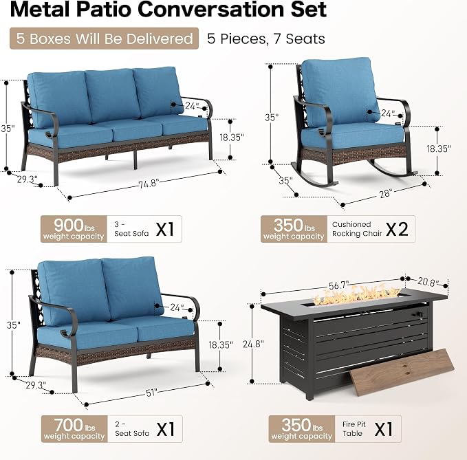 SUNSHINE VALLEY 5 Piece Metal Outdoor Patio Furniture Set with Firepit Table, Patio Conversation Set 1 3-Seater Sofa, 2-Seater Sofa, 2 Rocking Chairs with 5.75" Cushion for Backyard Deck, Denim Blue