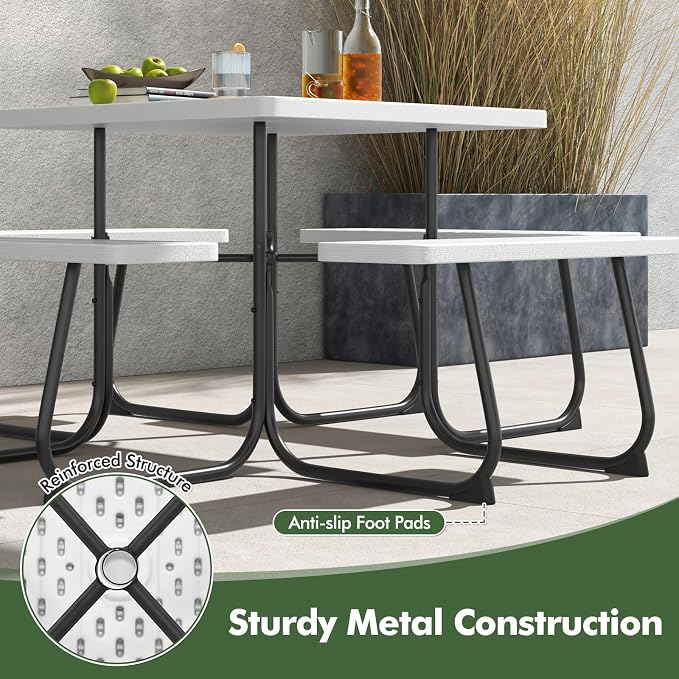 Square Picnic Table for 8 Person, Outside Table Bench Set w/ 4 Built-in Benches, Umbrella Hole, HDPE Top & Metal Frame, 2000LBS Capacity Outdoor Picnic Table for Garden, Porch, Patio (White)
