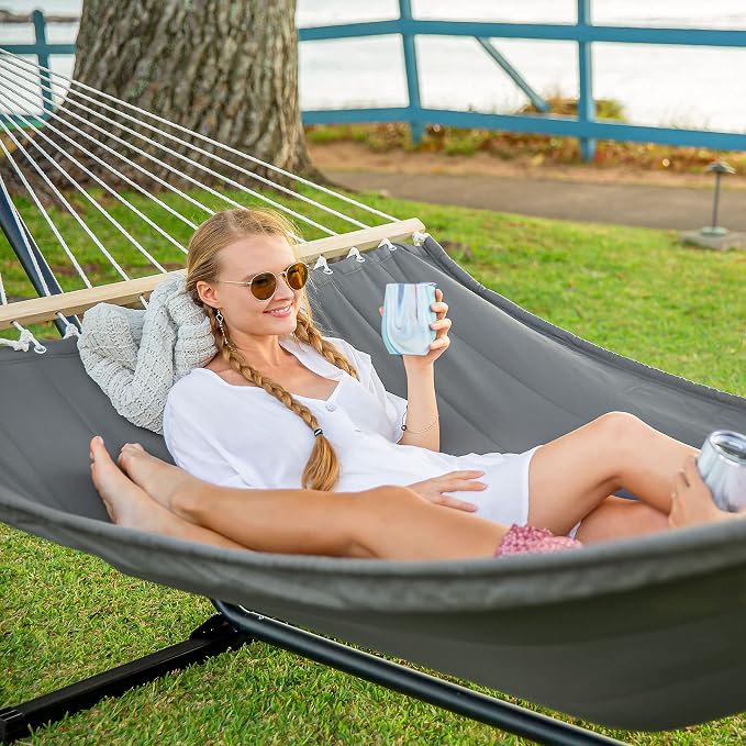 SUNCREAT Heavy Duty Hanging Tree Hammock, 475 lbs Capacity, Two Person Hammock with Large Soft Pillow, Tree Hooks, Gray