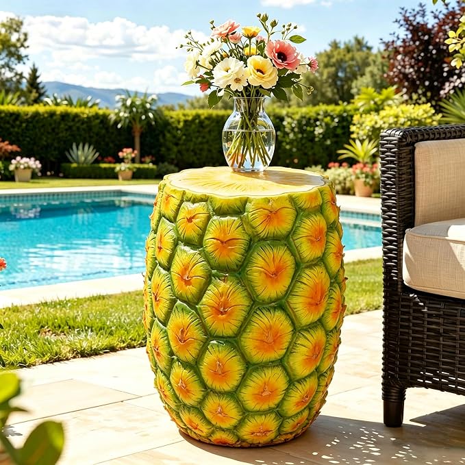 14'' Garden Fruit Design Stool, Decorative Patio Side Tables for Outside / Indoor, Drum Table & Plant Stands Stools for Patio Balcony Living Room, Home Decor, Weather-Resistant (Yellow, Pineapple)