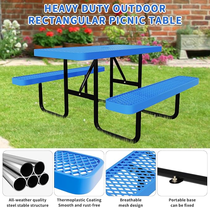 4FT Picnic Tables for Outdoors, Rectangular Commercial Metal Picnic Table Bench Set with Umbrella Hole,Heavy Duty Steel Weather-Resistant Dining Table for Patio Dining Garden Backyard BBQ School