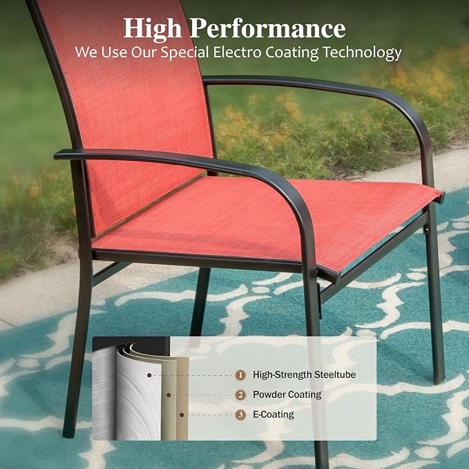 HERA'S HOUSE 7pc Outdoor Patio Dining Set, 6 Textilene Chairs, Red | 67" rectangular metal table with umbrella hole. Waterproof, rust-resistant, all-weather for backyard, porch