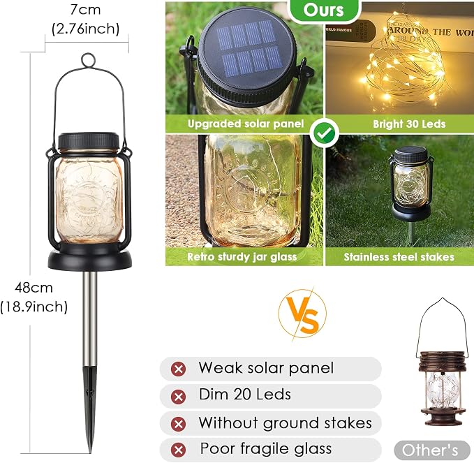 4 Pack Solar Mason Jar Hanging Lantern with Stakes, Warm White | Solar Fairy String Lights, Vintage Glass Lamp, Waterproof, Bright, for Indoor Outdoor Halloween Garden Patio Pathway Yard