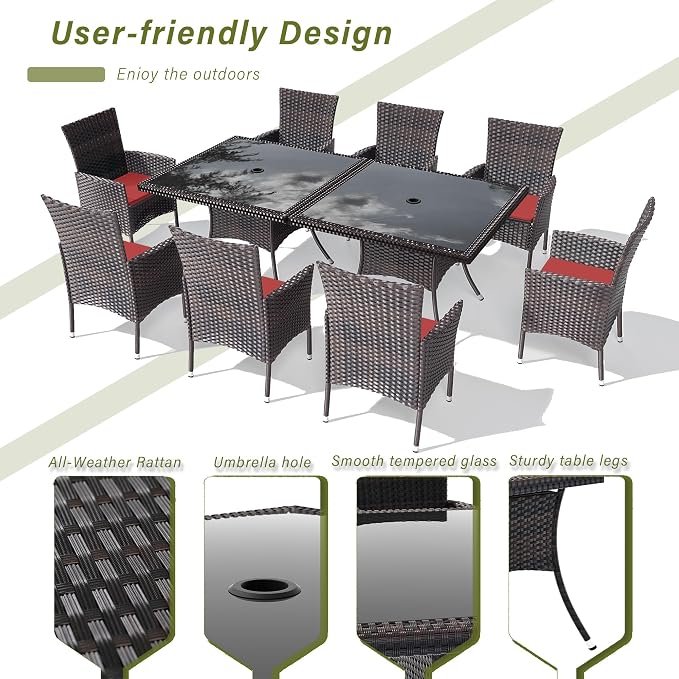 10 Pieces Outdoor Patio Dining Set,Patio Table and Chairs Rattan Outdoor Patio Furniture Set with Umbrella Hole,Dining Table Set for 8 with Chairs for Backyard,Garden and Kitchen,Red