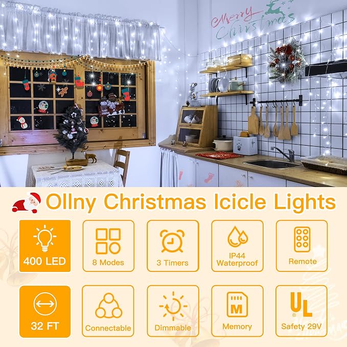 Ollny Icicle Lights for Outside 400LED 32FT, Cool White Christmas Light with Remote 8Modes Timers Waterproof, Plug in Connectable Hanging Lights for Outdoor Indoor House Roof Holiday