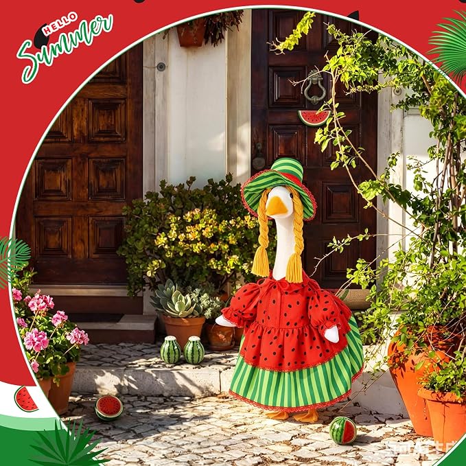 Summer Watermelon Porch Goose Outfit for 23'' Cement Statue Watermelon Costume Clothes Dress Plastic Goose for Outdoor Front Garden Yard Patio Lawn Decor