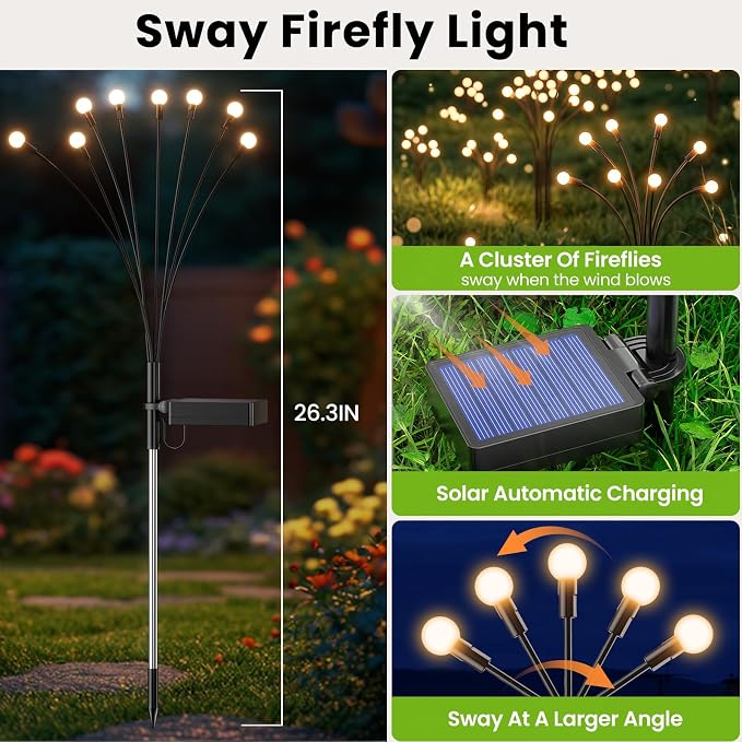 Solar Lights Outdoor(10 Pack,80 LEDs),Solar Lights Outdoor Waterproof for Garden Decor,4 Modes Firefly Light for Outdoor Decor,Big Bulb High Lumens Patio Decor,Sway by Wind,Gardening Gifts for Women