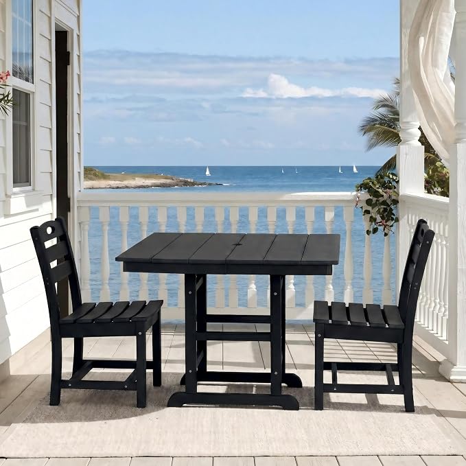 WILLIAMSPACE 37.8" Outdoor Patio Dining Set with 2 Armless Chairs, All Weather HDPE Square Dining Table with Umbrella Hole, Patio 3-Piece Bistro Set for Backyard, Balcony, Lawn, Kitchen (Black)