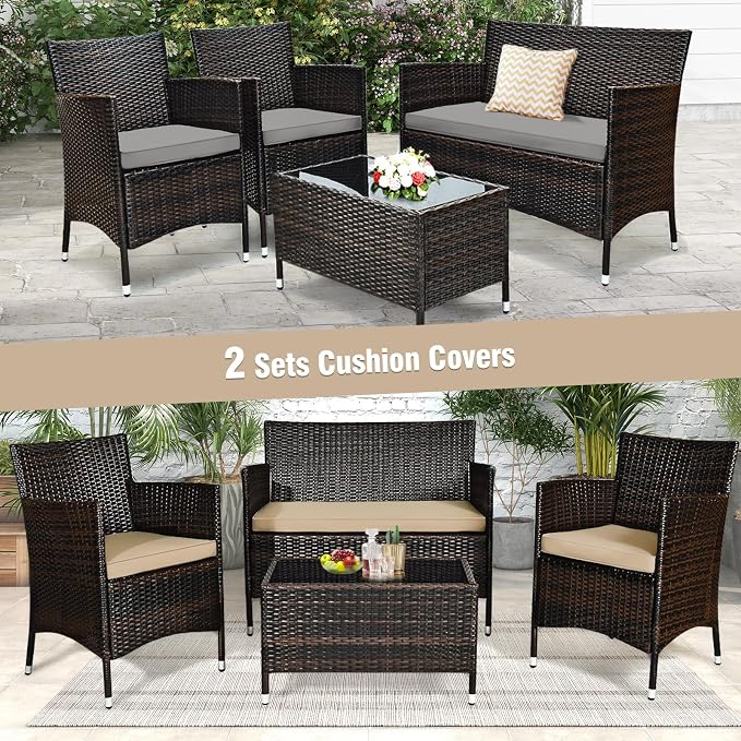 Tangkula 4-Piece Rattan Patio Furniture Set, w/Tempered Glass Coffee Table, Outdoor Sofa Table Set, w/Thick Cushion, Manual Weaving Conversation Set for Garden, Lawn, Poolside (1, Beige & Grey)