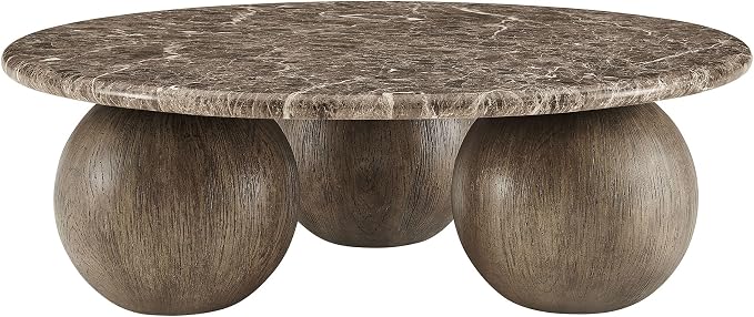 Modway Pietra Modern Sculptural Indoor/Outdoor Round Coffee Table in Dark Emperador Marble – Faux Marble Top with Three Ball Pedestal Legs – Contemporary Round Accent Table