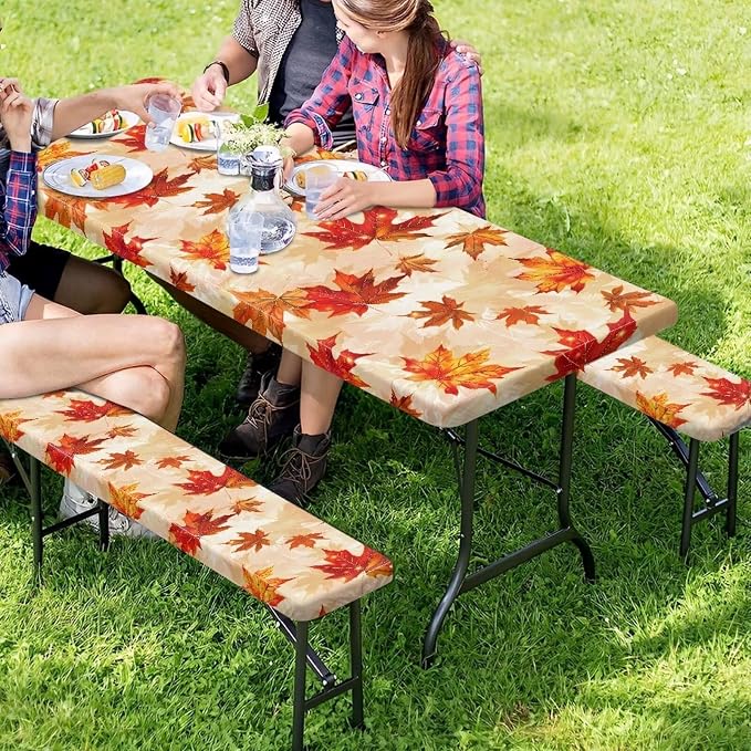 Fall Table Cover with Bench Covers Washable Rectangle Table Cover Outdoor Patio Camping Essentials Picnic Table and Chair Decorative Cover Suitable for Fall Thanksgiving