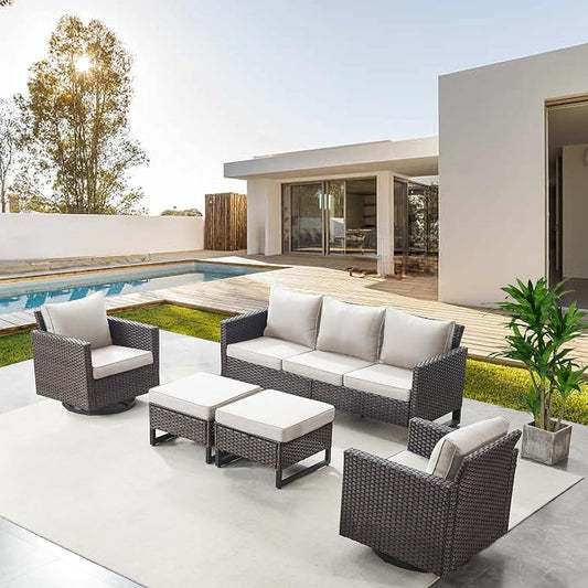 Belord Wicker Patio Furniture 5 Piece Outdoor Sofa Set, Oversize Outdoor Swivel Rocker Chairs with Rattan Ottomans, Conversation Sets Patio Furniture Come with Removable Cushion Beige, Anti-Rust Frame