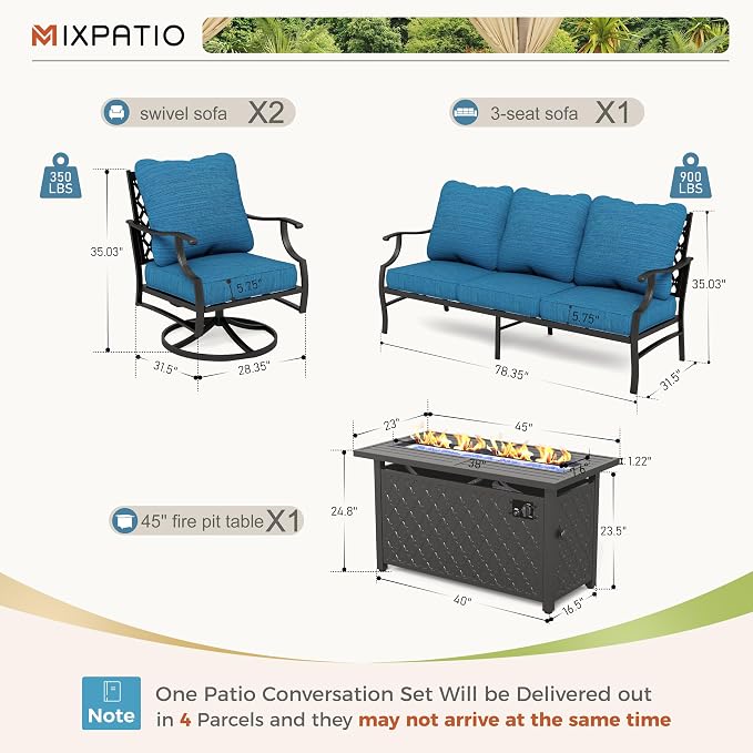 MIXPATIO Patio Furniture Set, 4 Pcs Metal Outdoor Conversation Set, 2 Swivel Chairs and 3 Seater Sofa with 5.75" Extra Thick Cushion and Gas Fire Pit Table for Backyard Deck, Gemstone Blue