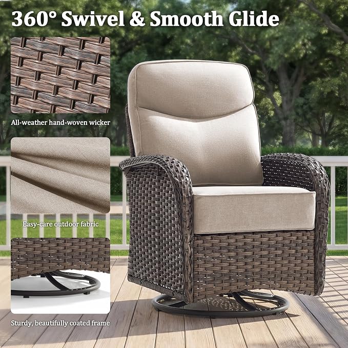 Outdoor Swivel Rocking Chair Patio Set (5-Piece), High-Back - Thick Cushion Swivel Rocking Chair Patio Set, All-Weather Wicker Patio Furniture Set, Suitable for Balcony Patios, Brown/Beige