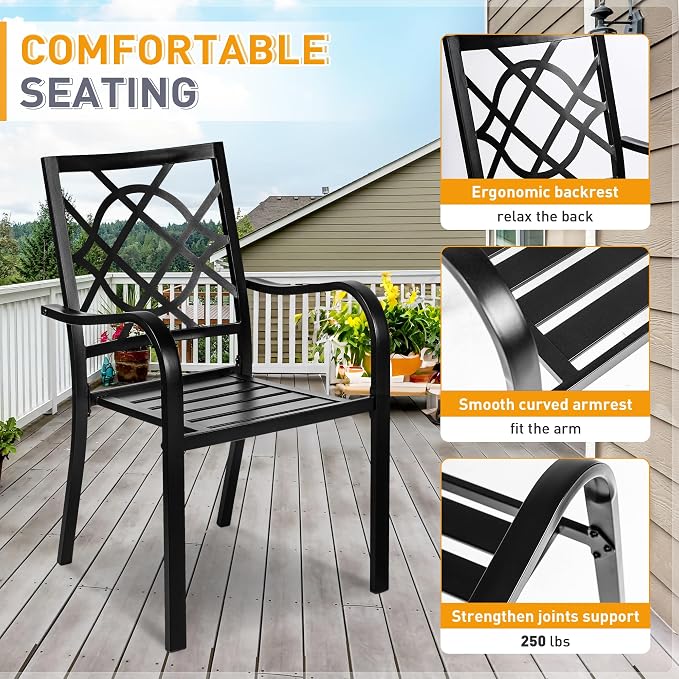 SUNCROWN 6-Piece Outdoor Wrought Iron Chairs and Table Patio Dining Furniture Set - 4 Stackable Metal Chairs, 1 Steel Slat Bistro Table and 1 Brown 9Ft Patio Umbrella for Garden Backyard Deck