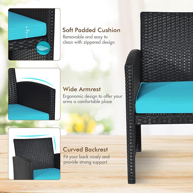 Goplus Rattan Patio Furniture Set 4 Pieces, Outdoor Wicker Conversation Sofa and Table Set with Soft Cushions & Tempered Glass Coffee Table for Balcony Garden Backyard (Turquoise)