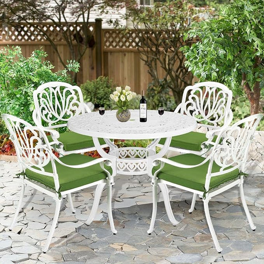 5-Piece Outdoor Patio Dining Set, All-Weather Cast Aluminum Patio Furniture Set for Backyard Garden Deck with 4 Chairs, 4 Cushions and 38.5” Round Table, 2.2" Umbrella Hole, White