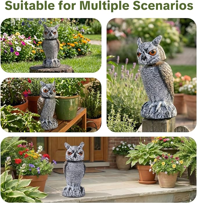 OFFO Fake Owl, Owl Statue for Garden and Yard Decoration, Weatherproof Plastic Rotating Head Outdoor Owl Decor for Porch Pool Patio Yard, 10-Inch Height, Long Ear Owl